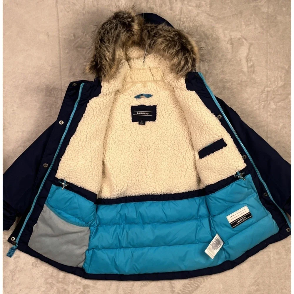 Lands End Girls Coat Large 6X - 7 Expedition Down Parka‎ Hood Grow Along Sherpa